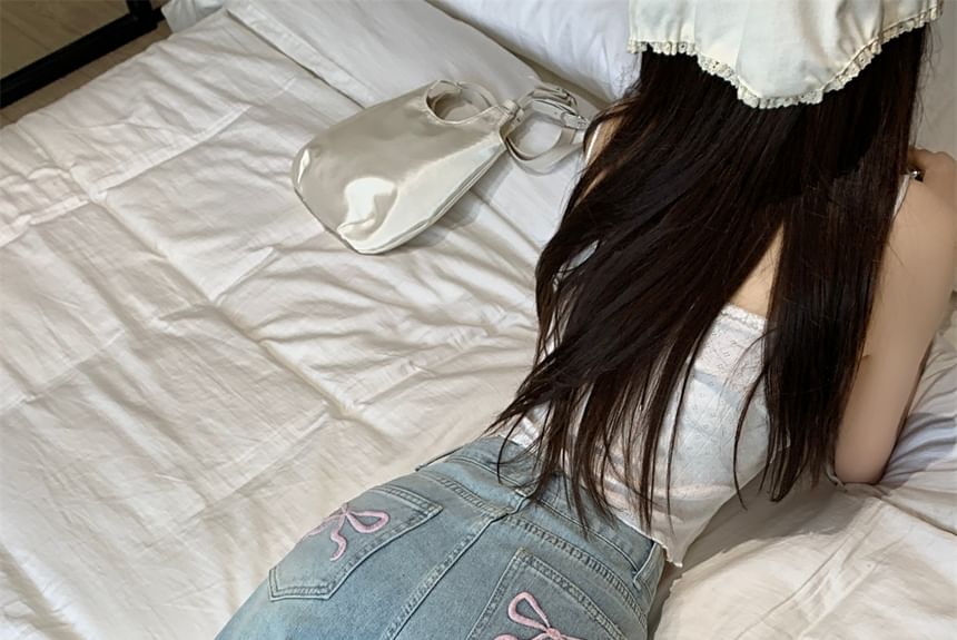 OUREA - Mid Rise Bow Washed Wide Leg Jeans