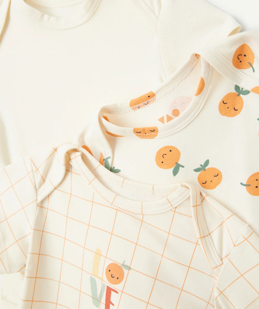 lot de 3 bodies bébé en coton bio uni et imprimé thème fruits