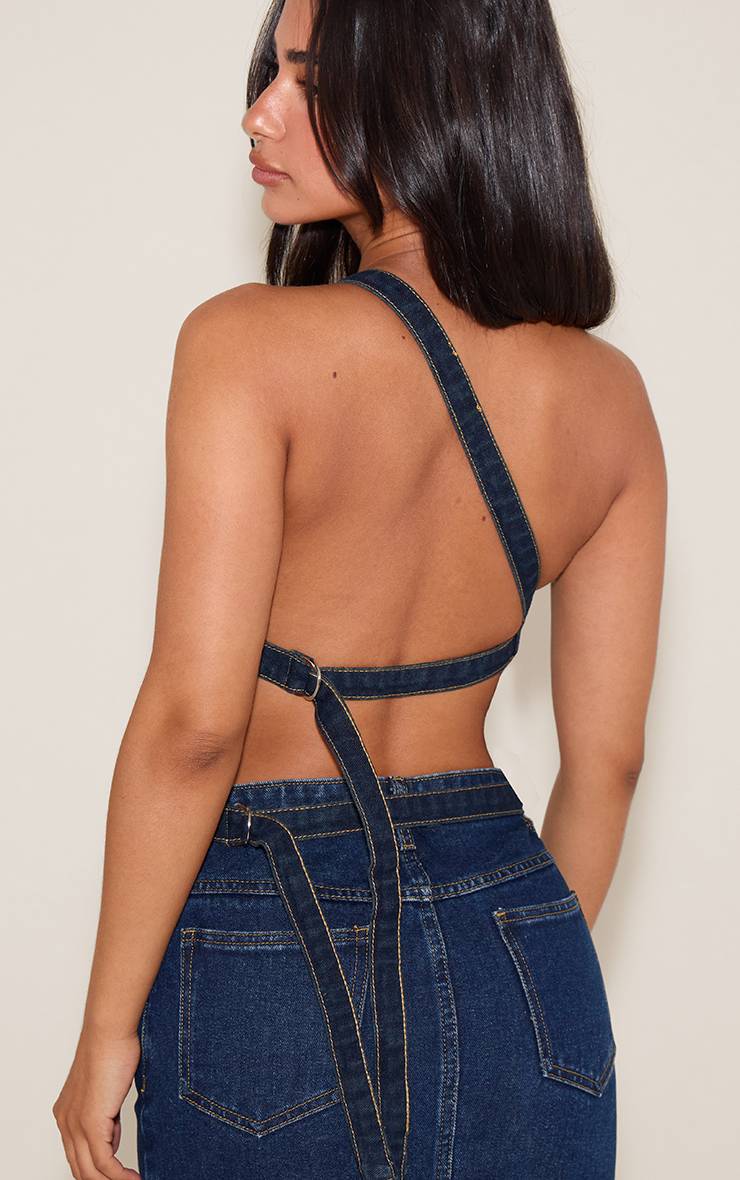 Bleu Indigo Haut En Denim Petite Asymétrique Dos Ouvert