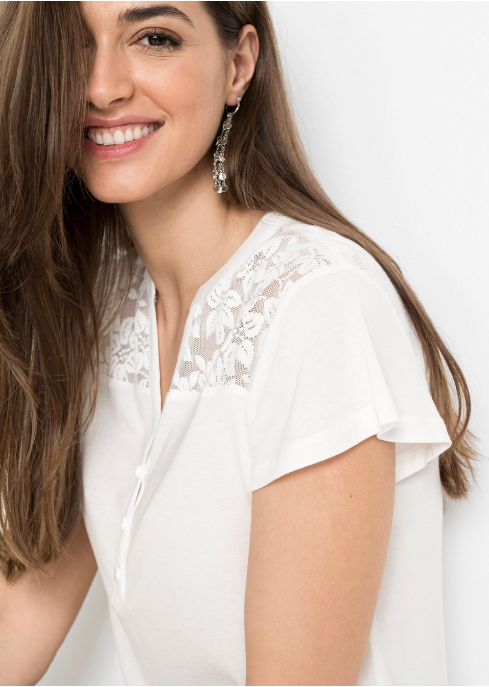 T-shirt col Henley avec dentelle en viscose