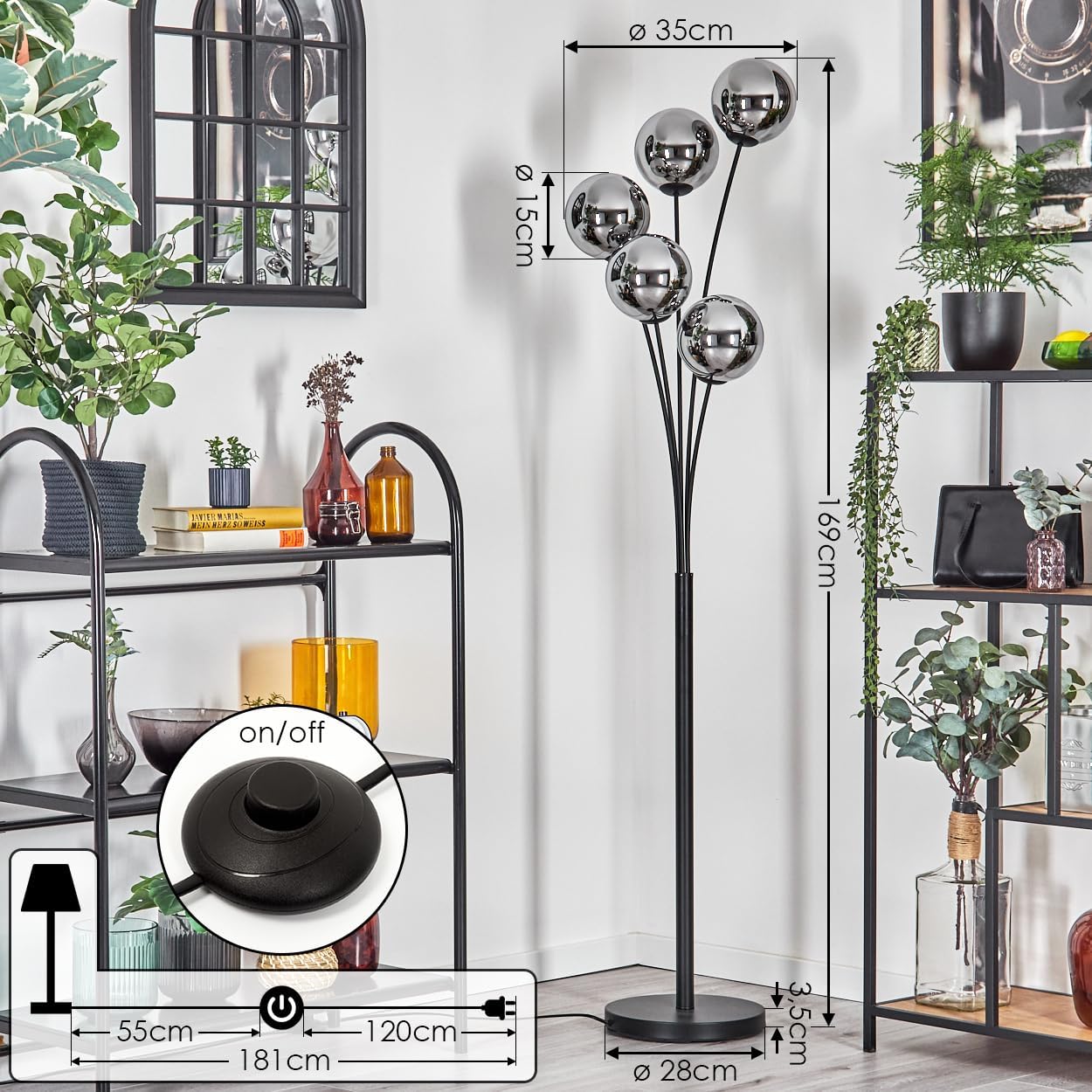 HOFSTEIN Stehleuchte Gastor, Stehlampe aus Metall/Glas in Schwarz/Chrom/Rauch, Leuchte im Vintage-Design mit Glasschirmen (Ø 15 cm) u. Fußschalter, 169 cm, E14, Wohnzimmer, Schlafzimmer, Esszimmer