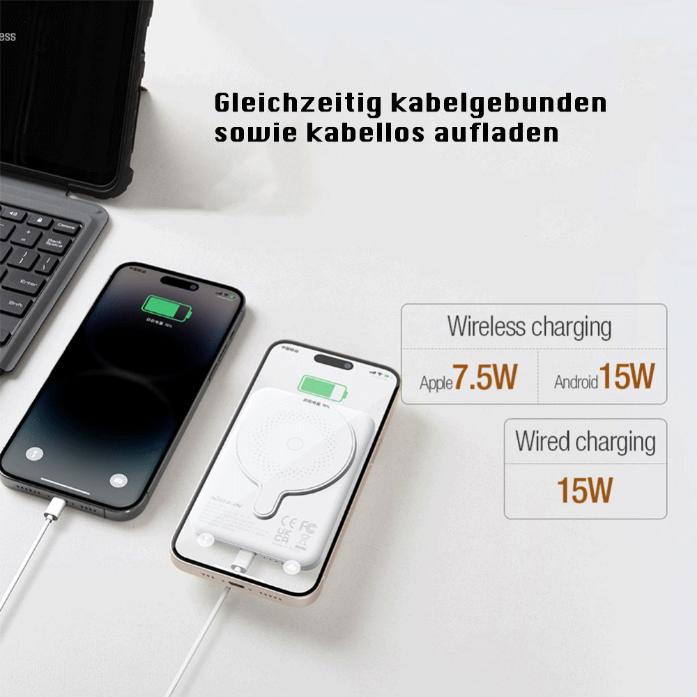 (15W) 5000mAh Magnetisches Qi Wireless MagSafe USB C Ladegerät Powerbank Soft Touch (ab Apple iPhone 12) - Schwarz
