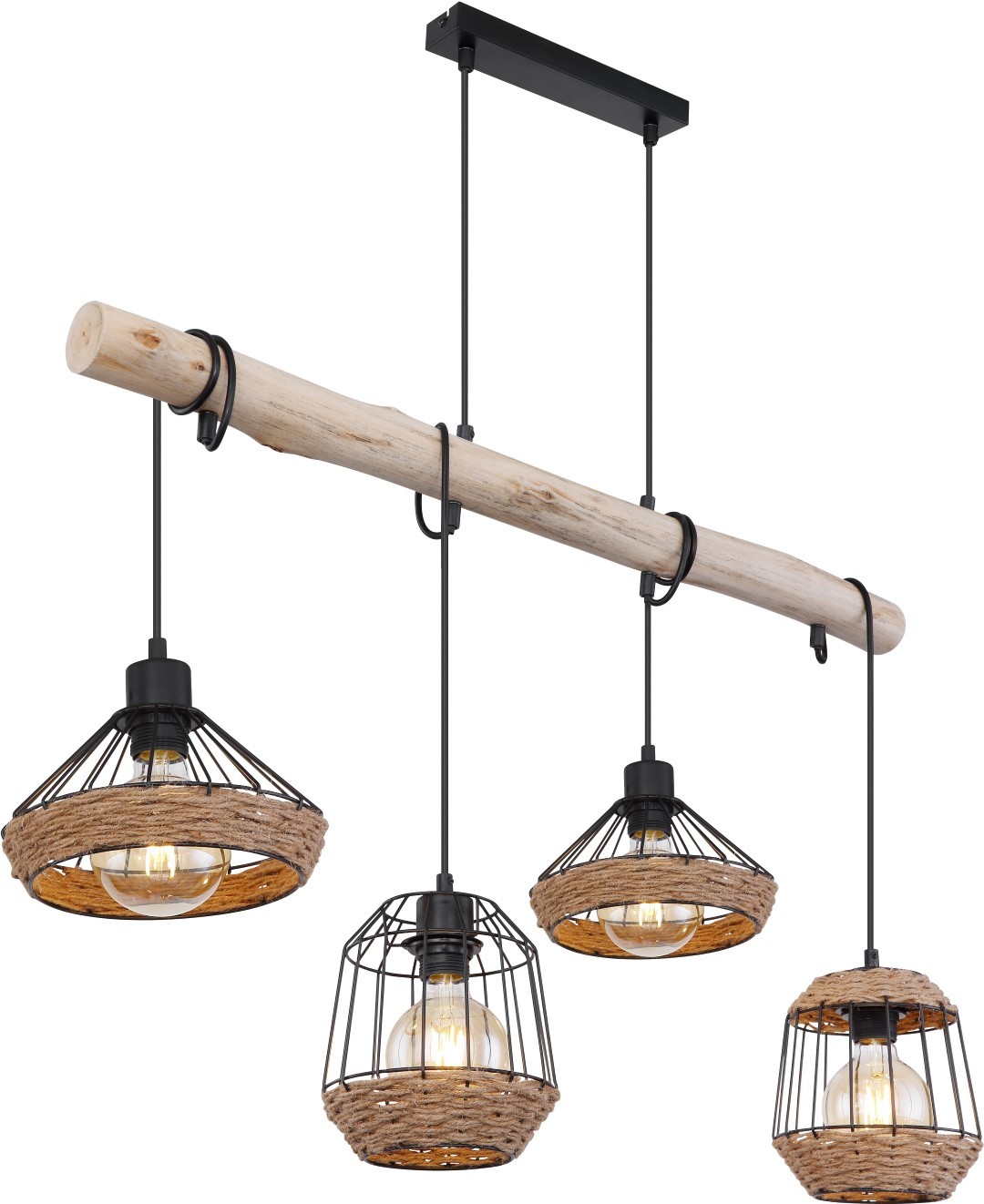 Pendelleuchte - schwarz-braun - Hanfseil - 105 cm breit