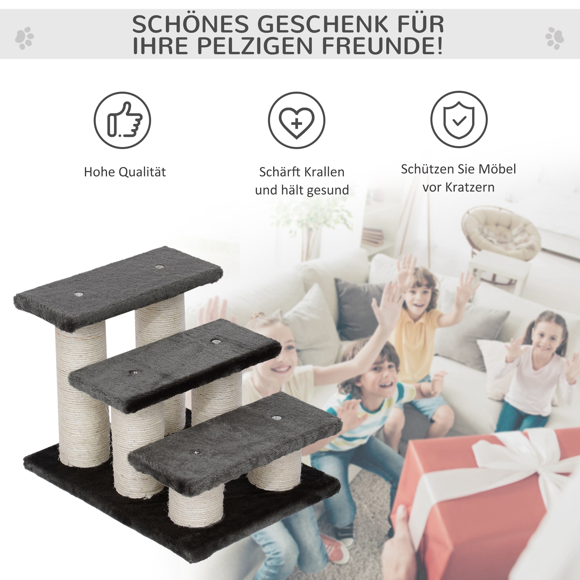 PawHut Katzentreppe mit 3 Stufen grau 45 x 35 x 34 cm (LxBxH)