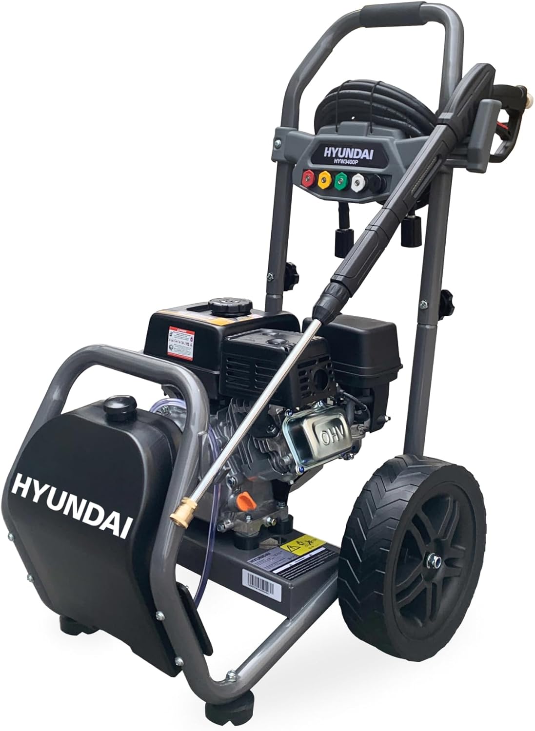 HYUNDAI Benzin-Hochdruckreiniger HYW3400P | max. 234 bar - 540 l/h (9 m³/min) | 3.7 kW / 5.0 PS Benzinmotor | verstärkter 10m Schlauch, 5 Düsenaufsätze | 5 L Reinigungsmitteltank