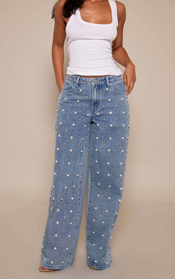 Mid Blue Wash Jean Petite Orné De Perles