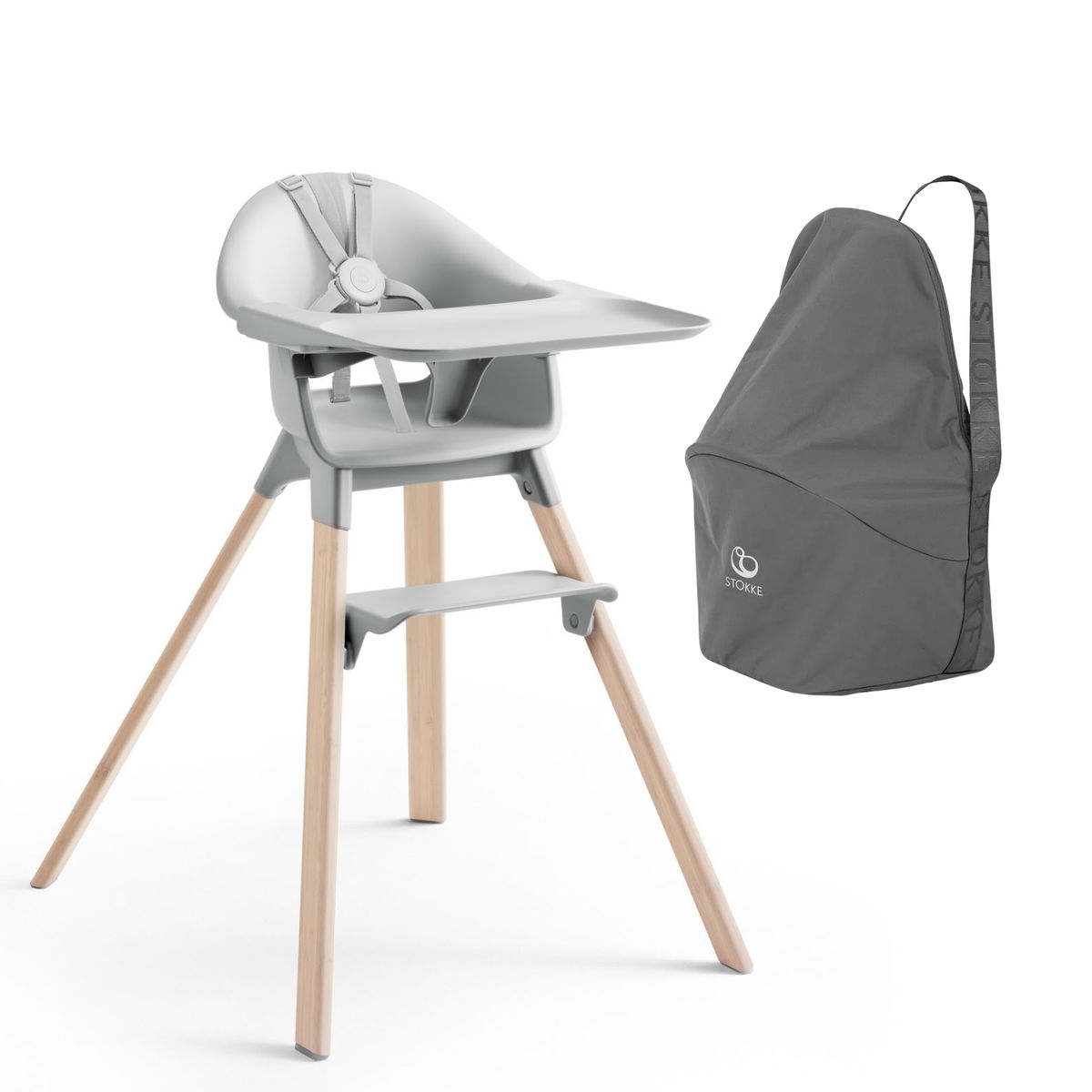 STOKKESTOKKE   Clikk Hochstuhl Bamboo mit Reisetasche cloud grey