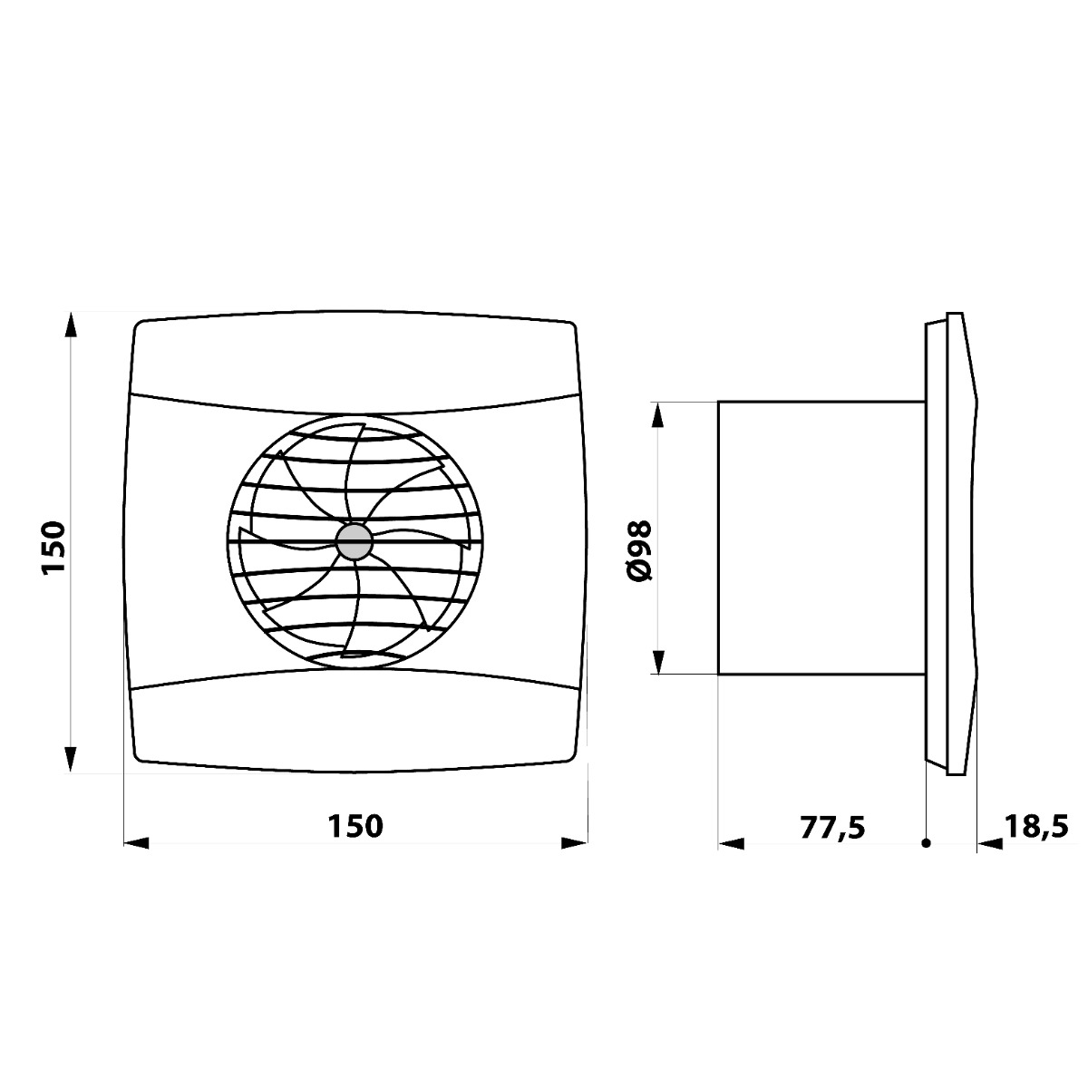 Cata UC-10 TH badkamer ventilator met timer en vochtigheidssensor 8W Ø100mm zwart mat
