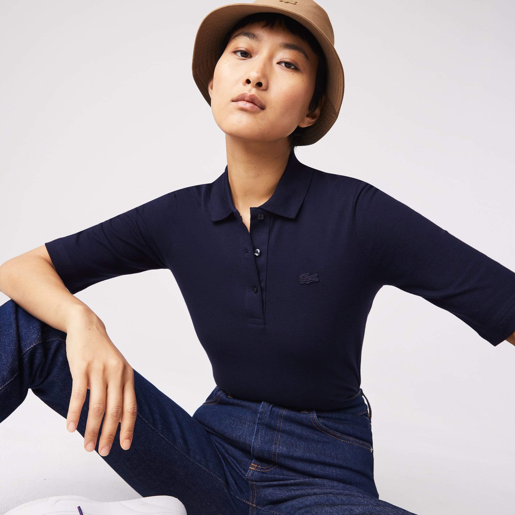 Polo Lacoste slim fit à manches trois-quarts en coton souple Manches Courtes - Bleu - Lacoste - Femme