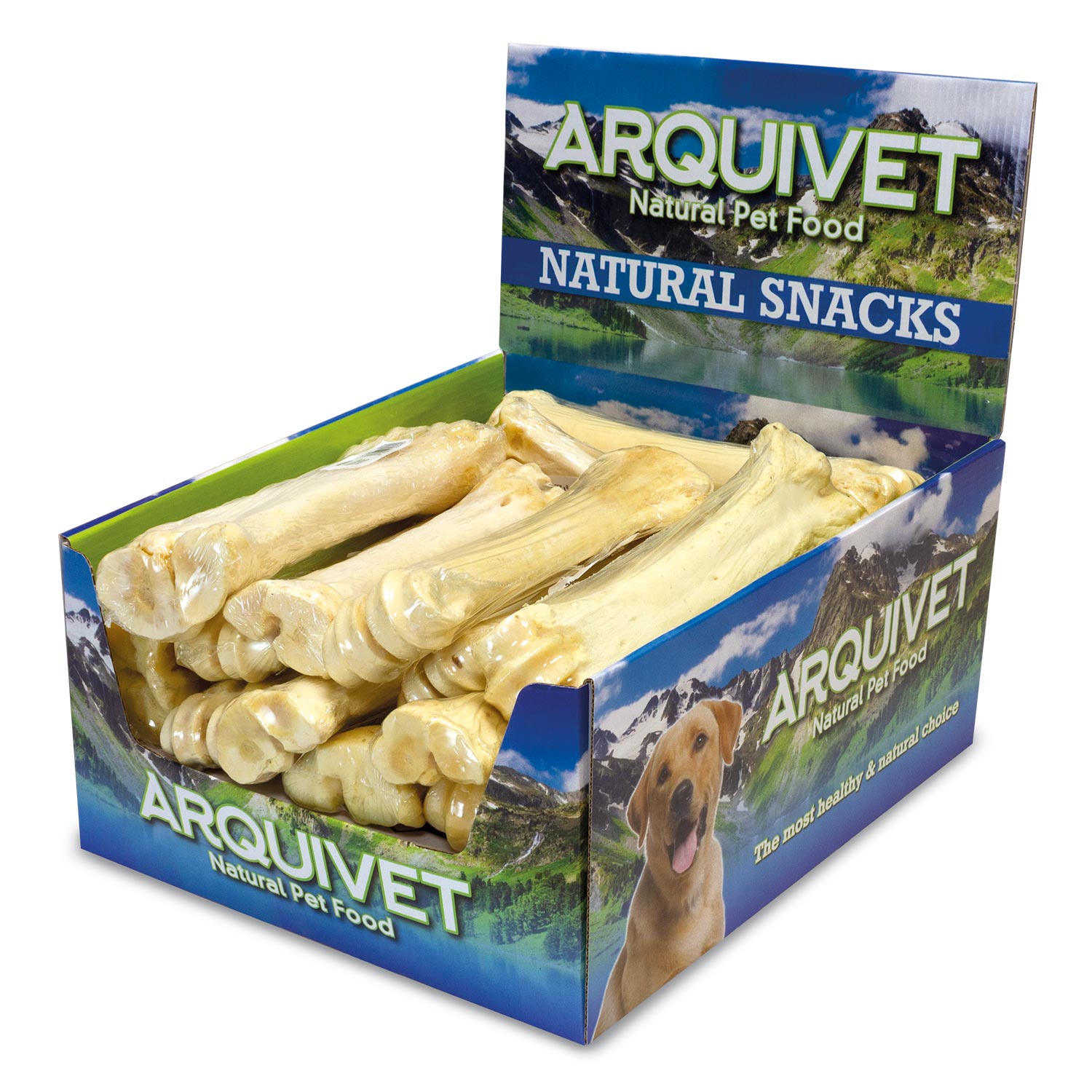 Ossos de búfalo com cálcio, 18-25 cm - Caixa expositora com 16 unidades - 4.000 g - Petisco natural para cães