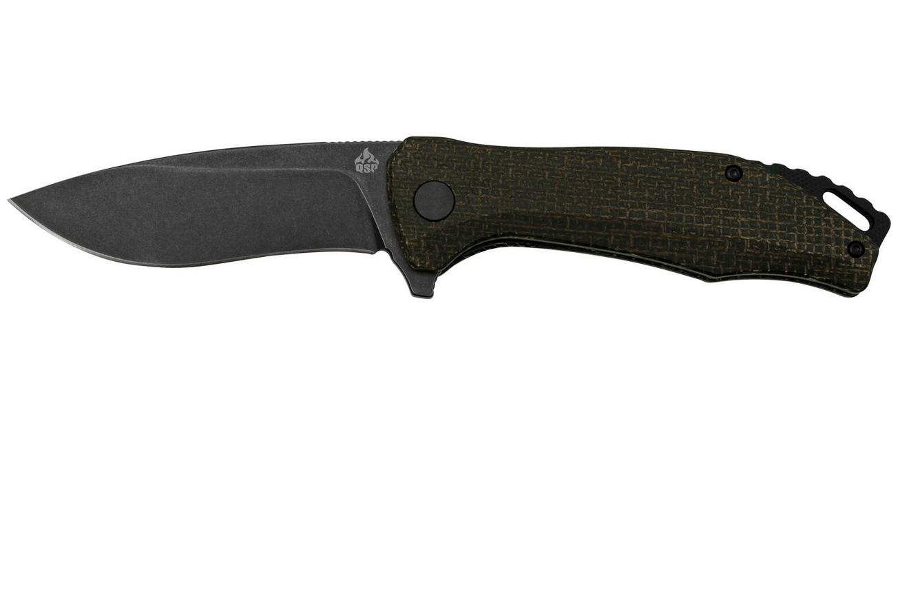 QSP Knife Raven QS122-D2 Rough Brown Micarta, Black D2, zakmes