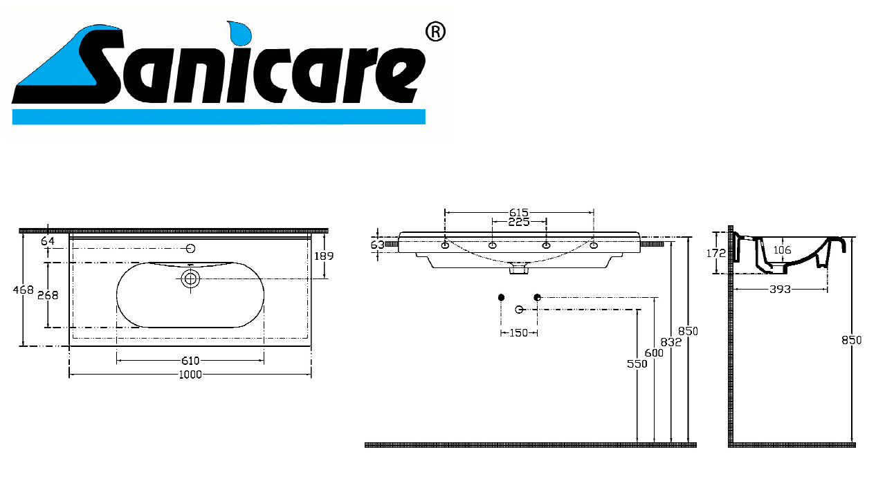Sanicare Q9 keramische wastafel 100x47cm wit