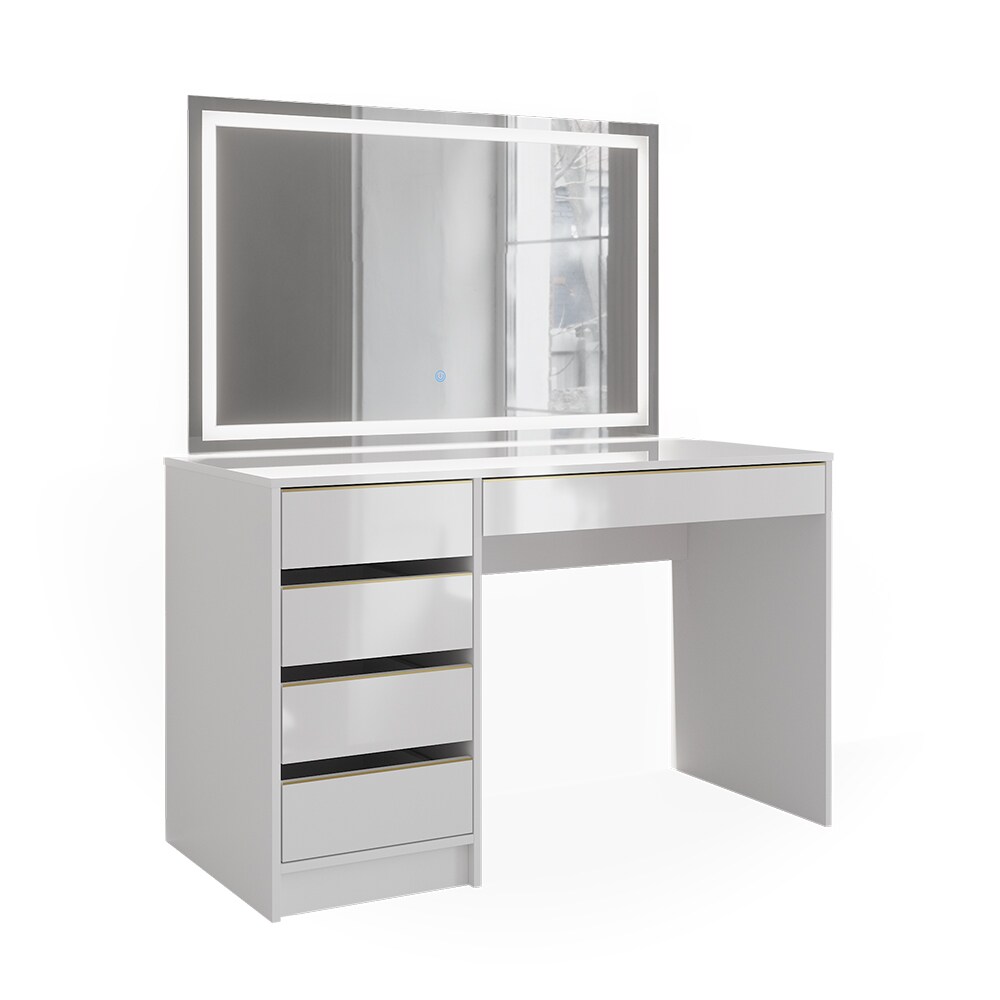 Vicco Schminktisch Sherry Weiß Hochglanz Gold 120 x 75 cm 5 Schubladen LED-Spiegel