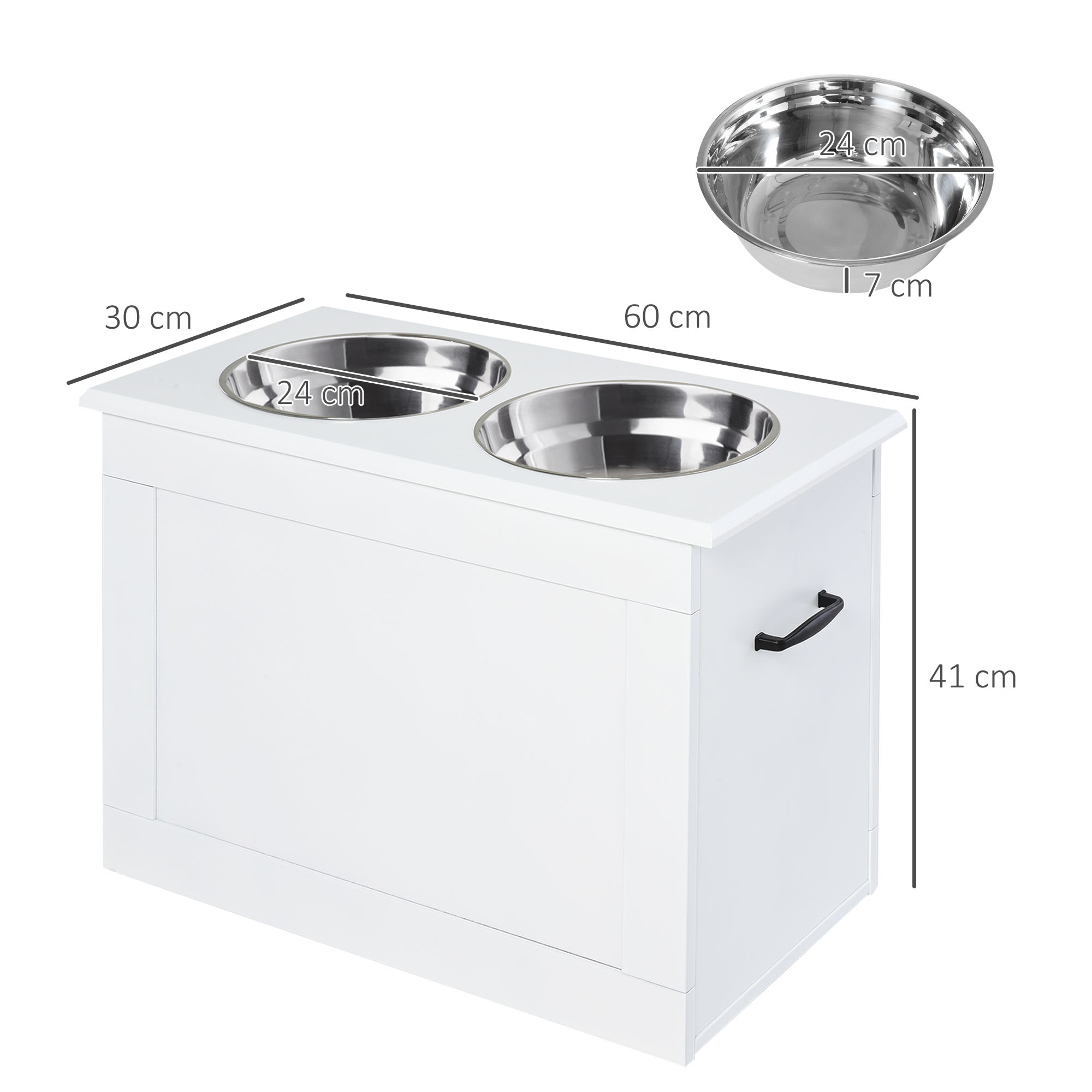 Comedouro elevado para cães PawHut, com 2 tigelas de aço inoxidável e espaço de armazenamento oculto, 60x30x41 cm, branco.