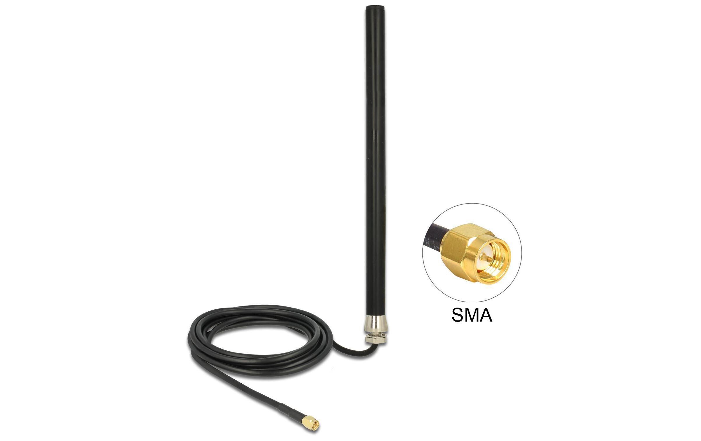 LTE-Antenne SMA SMA 3 dBi RundstrahlDelock LTE UMTS GSM Antenne SMA Stecker 3 dBi omnidirektional starr mit Anschlusskabel RG-58, 3 m Wandmontage outdoor schwarz