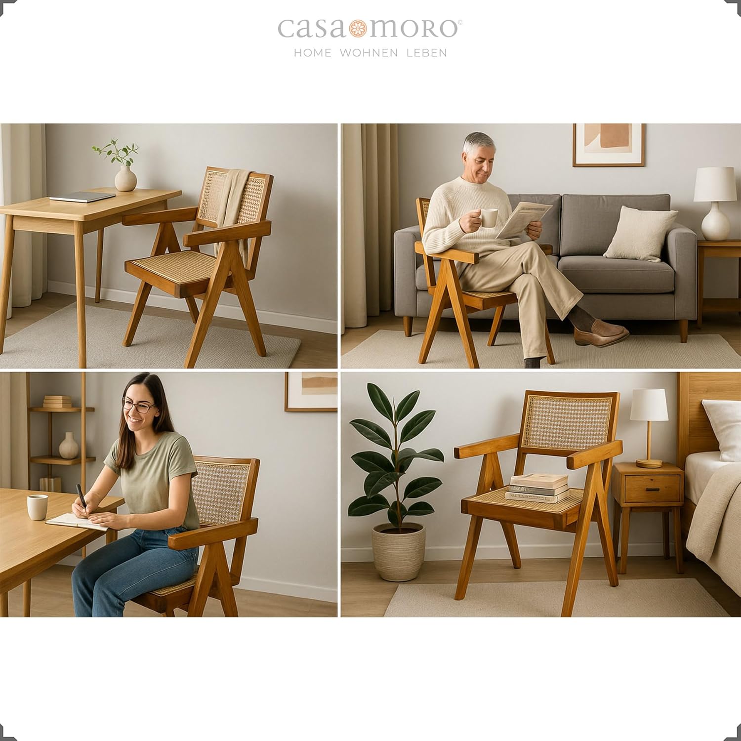 Casa Moro Esszimmerstuhl mit Armlehne, Stuhl Teakholz Rattan Braun Beige