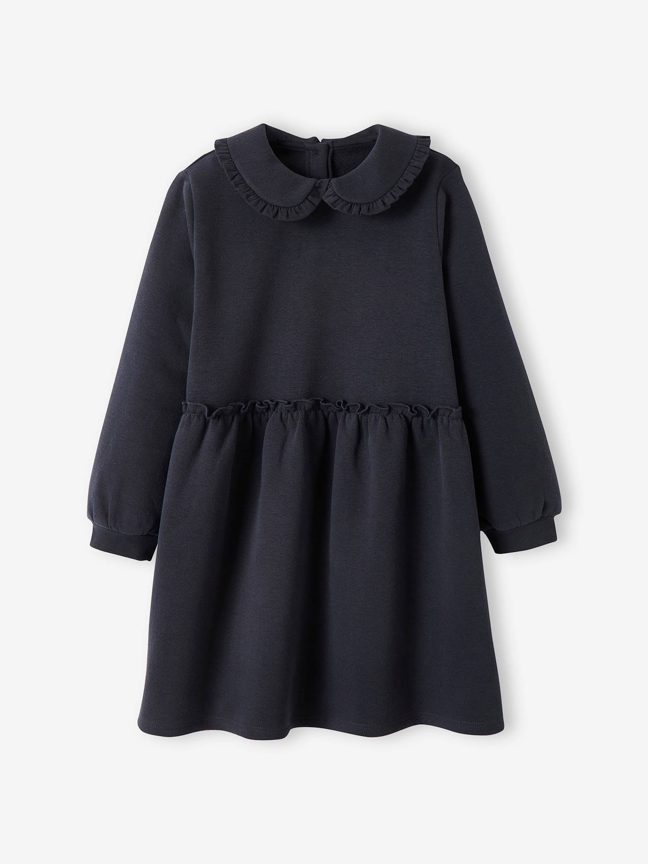 Vestido de pelúcia com gola Peter Pan, cor violeta lisa tamanho médio para menina.