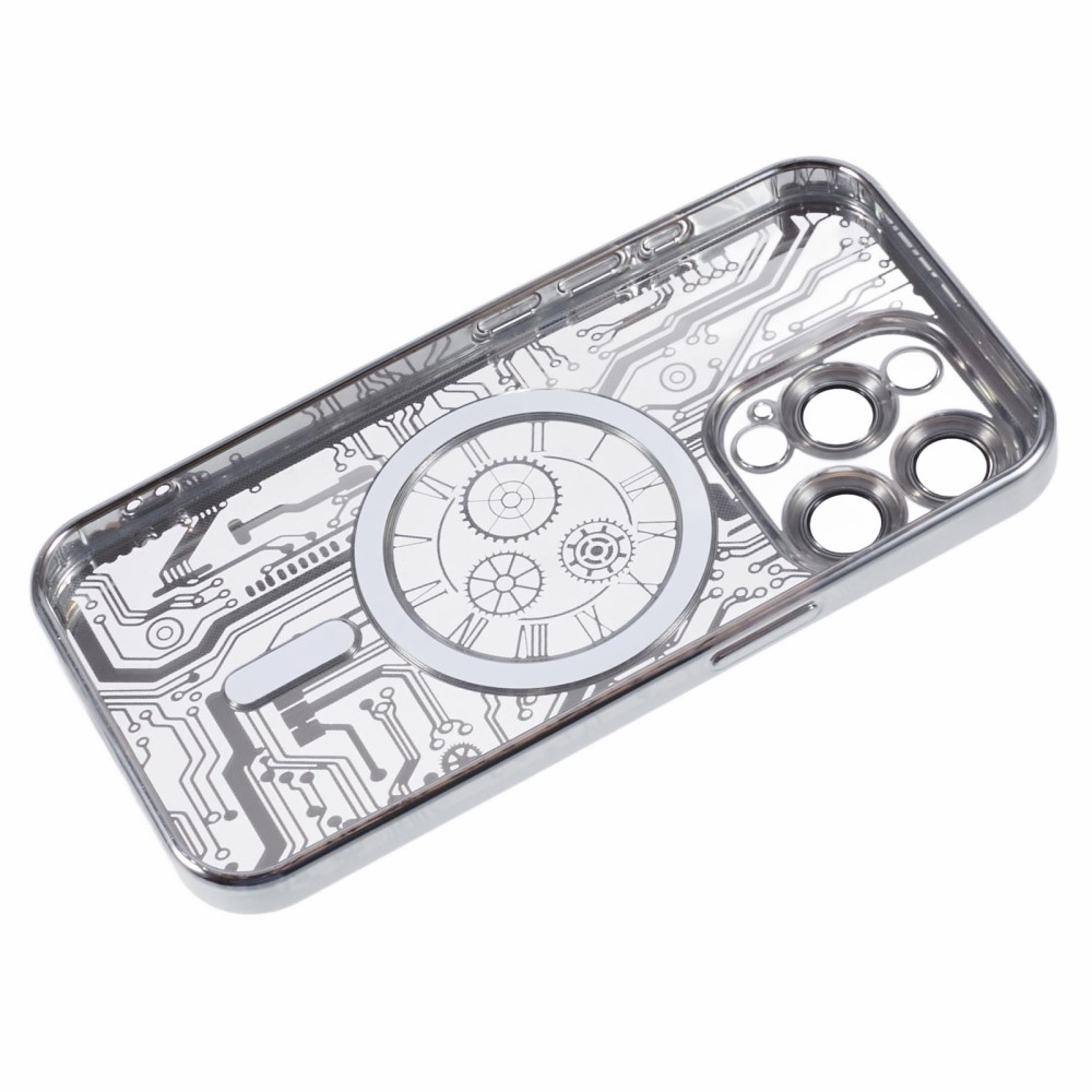 iPhone 15 Pro Max MagSafe Gummi Case Hülle Galvanisierter Rahmen im Mechanischen Zahnrad Design   Kameraglasschutz - Silber