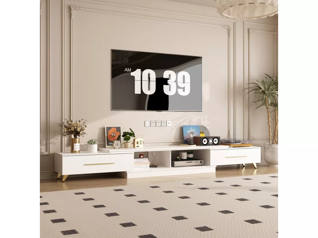 Meuble TV avec longueur réglable,support TV,Meuble bas,2 tiroirs,2 compartiments ouverts,238x30x40cm,Blanc