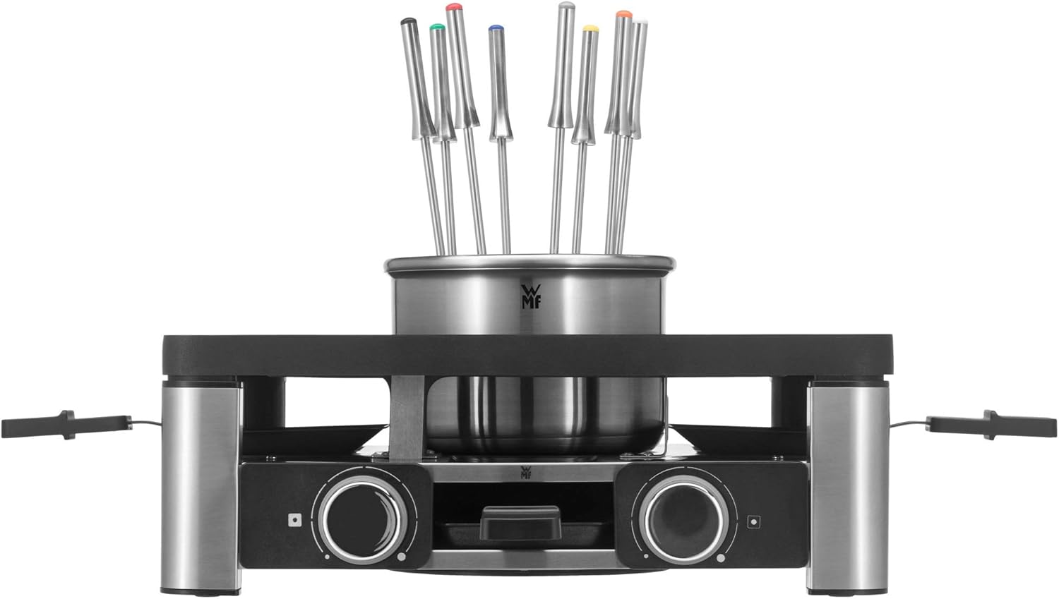 WMF Lumero 3in1 Gourmet Station – elektrisches Raclette, Fondue und Grill für 8 Personen, aus Edelstahl matt, mit Temperaturregulierung und LED-Beleuchtung – platzsparendes Design für stilvolle Abende