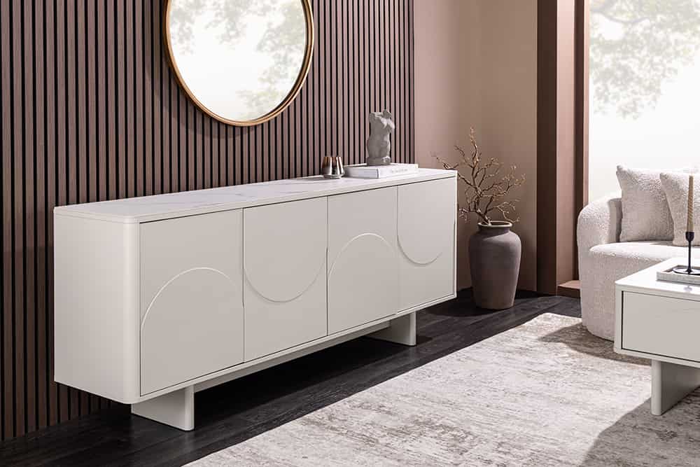Design Sideboard SAVOY 180cm kaschmir weiß Marmor Keramik mit Stauraum und 3D-Front