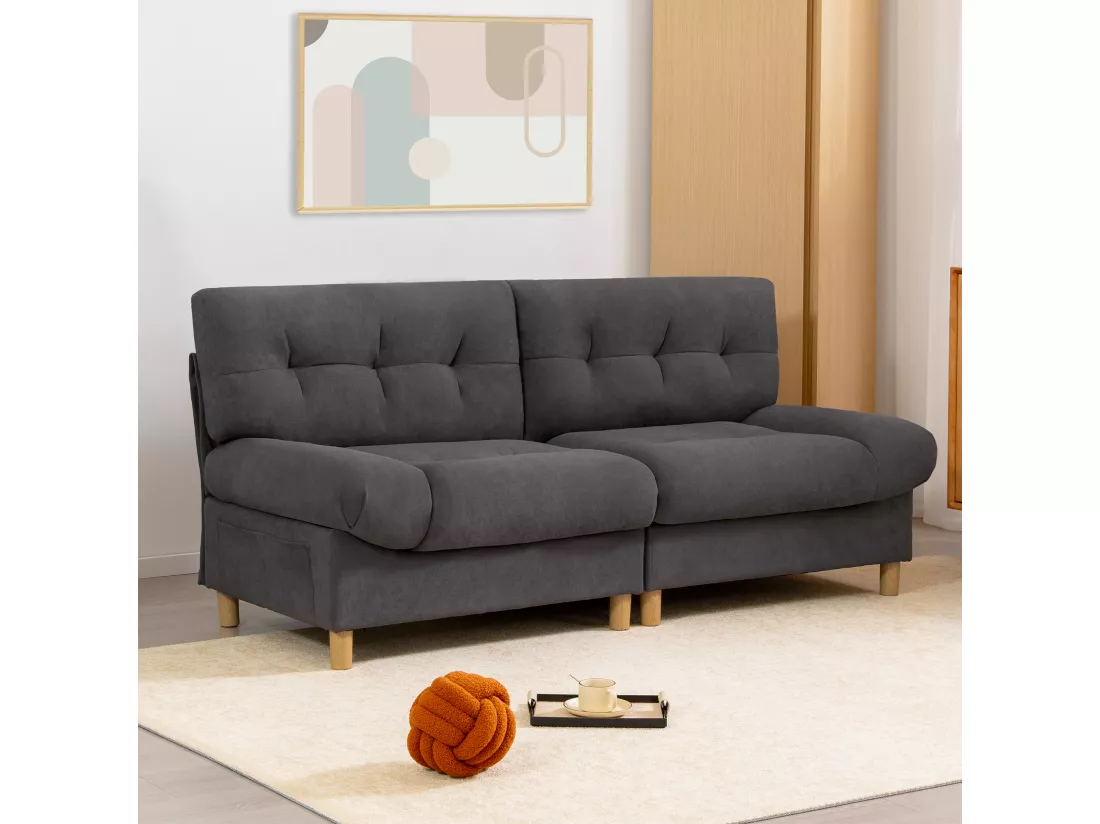 URBAN MEUBLE Canapé velours teddy gris 2 places pieds bois