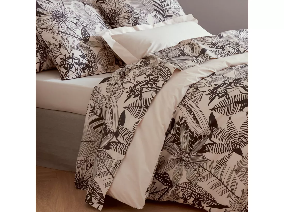 Drap plat 280x325 cm percale de coton ALBA beige/noir