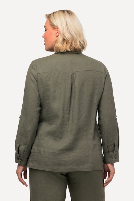 Bluse, Leinen, offener Kragen, Langarm
