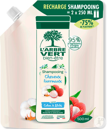 L’Arbre Vert Shampoing Cheveux Normaux Coton Et Litchi Recharge 500ml