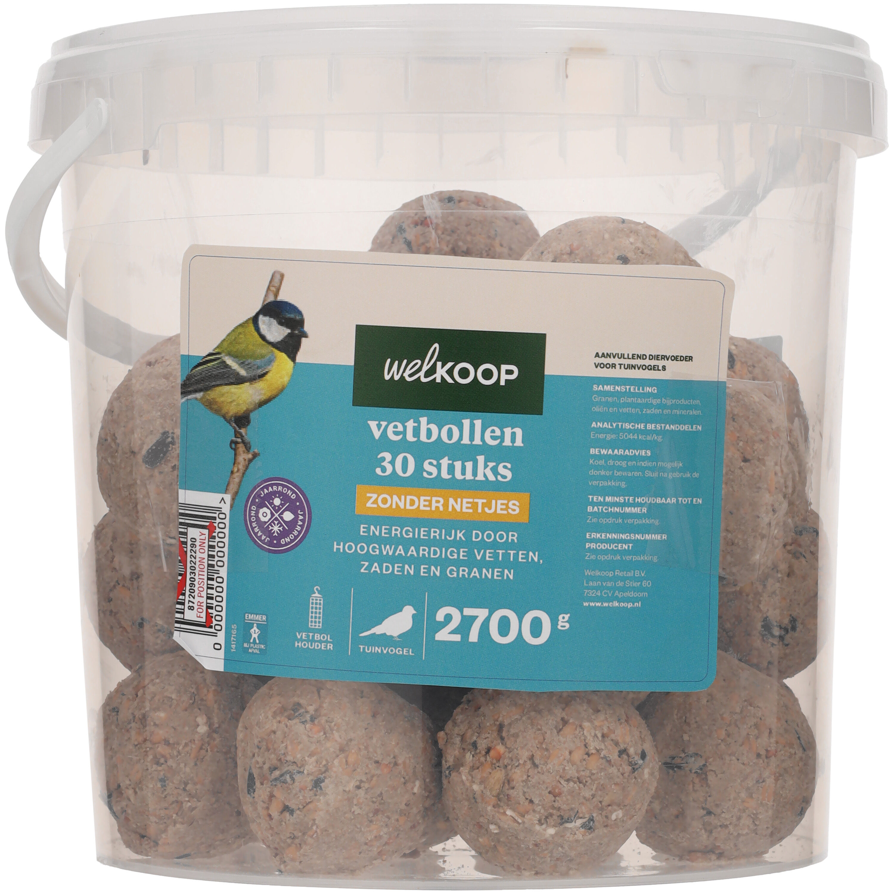 Welkoop - Vetbollen zonder netje in emmer - Tuinvogelvoer - 2.7 Kilogram