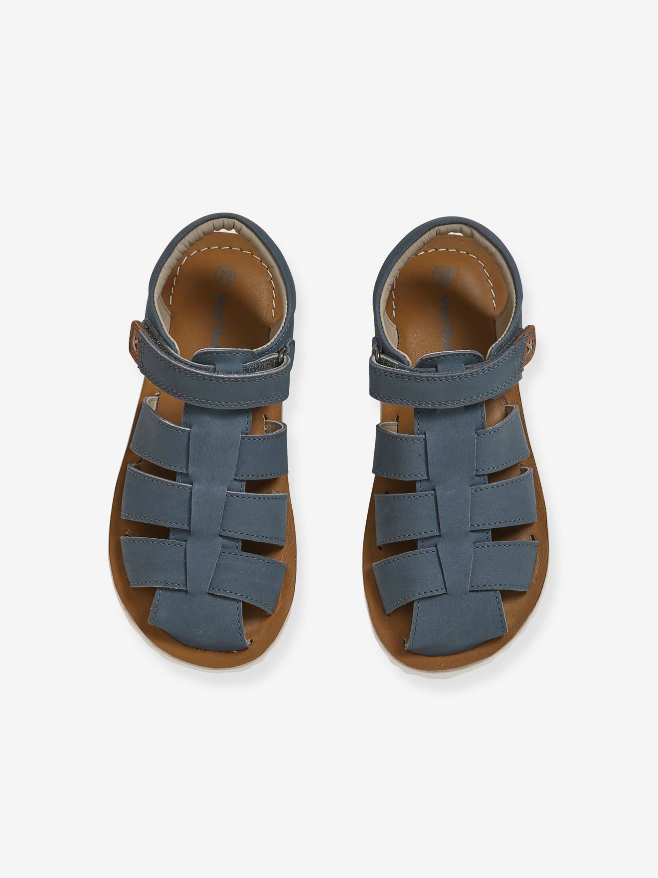 Sandálias de couro cor camelo com tiras autoadesivas para meninos