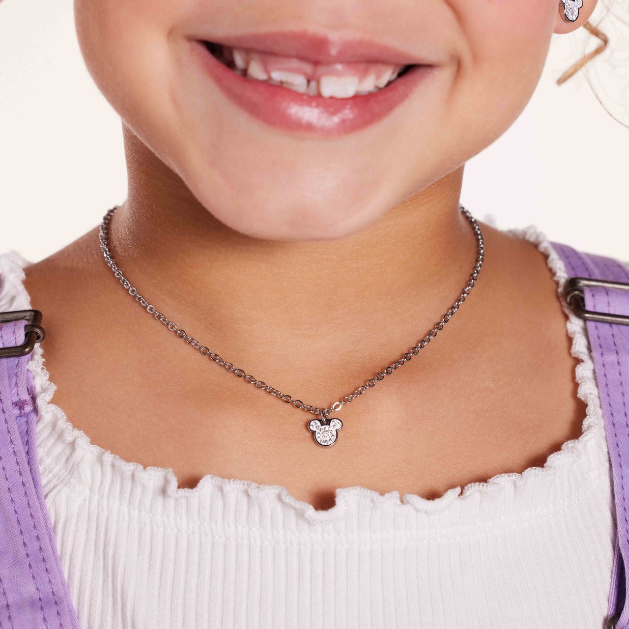 Stalen ketting Micky Mouse met wit kristal