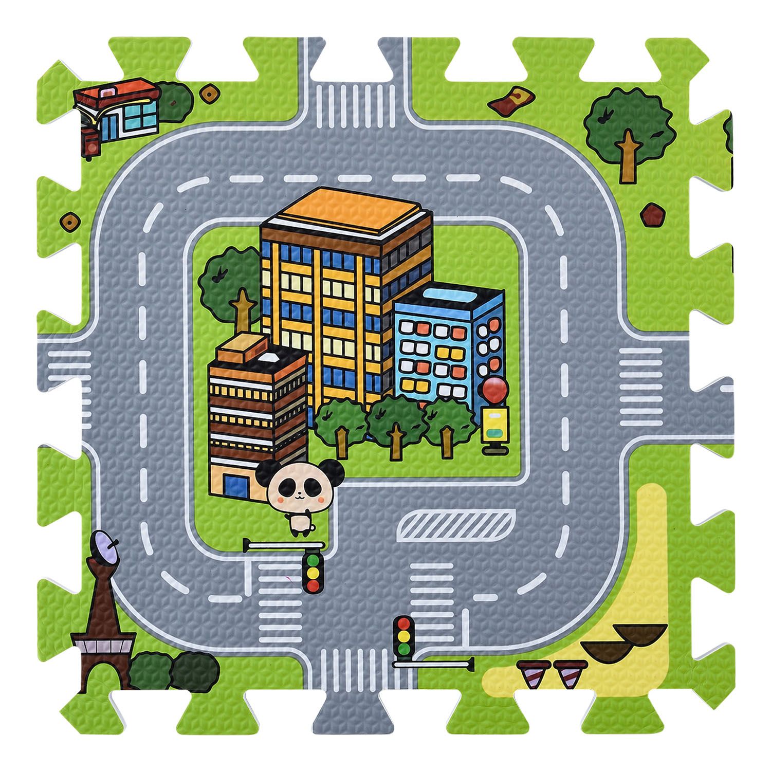 Juskys Kinder Puzzlematte Jascha 9 Teile - Stadt & Straßen – rutschfest – Spielmatte ab 10 Monate