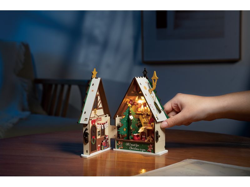 RoboTime Bausatz Funkelndes Weihnachtshaus 3D-Puzzle aus lasergeschnittenen Holzteilen