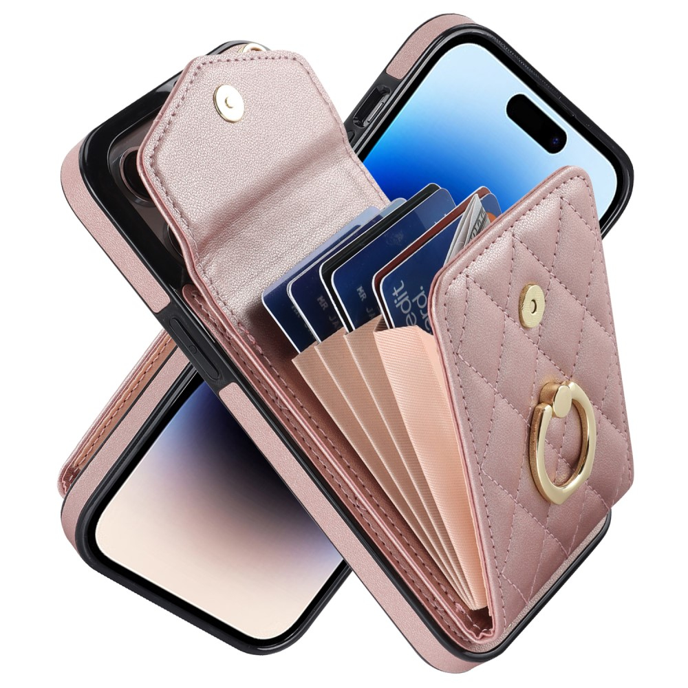 iPhone 15 Pro Max Necklace Leder Hülle mit Kartenfächer   Finger Griff Halterung   Handykette (RFID Schutz) - Roségold