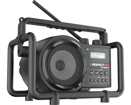 PerfectPro DABBOX bouwplaatsradio, DAB+ en FM-ontvangst, ingebouwde acculader voor universele accu, Bluetooth, oplaadbaar, AUX-ingang, schokbestendig, IP54, DBX3