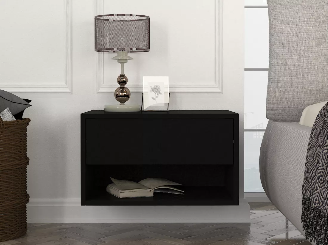 Lot de 2 tables de chevet suspendues - 1 tiroir et 1 niche - Noir - RITAMI