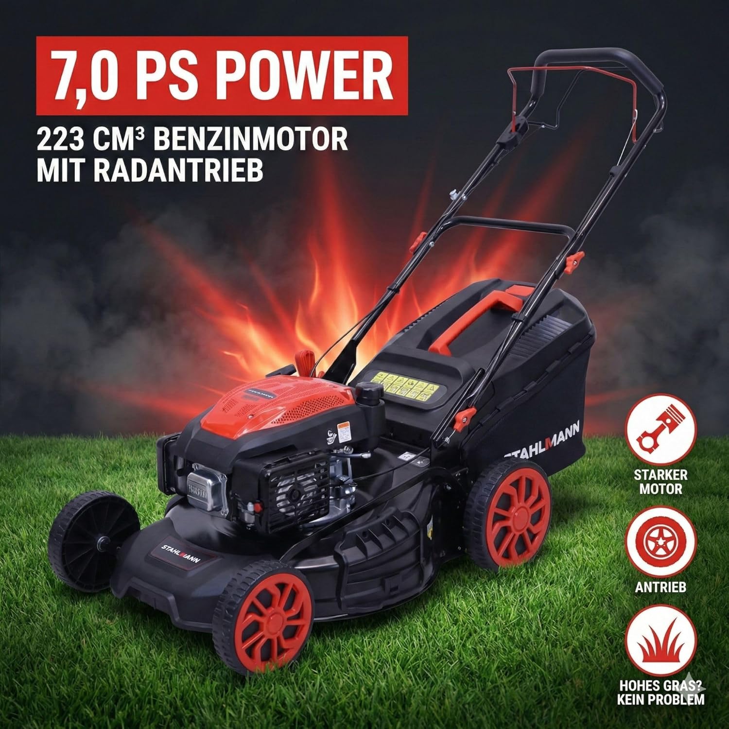 STAHLMANN Rasenmäher Benzin mit Antrieb BR532 – 7,0PS (5,1kW) 223ccm mit Antrieb, 53cm Schnittbreite, Mulchen, Schnitthöhenverstellung, Easy Clean Anschluss, Große Räder, 60L Korb