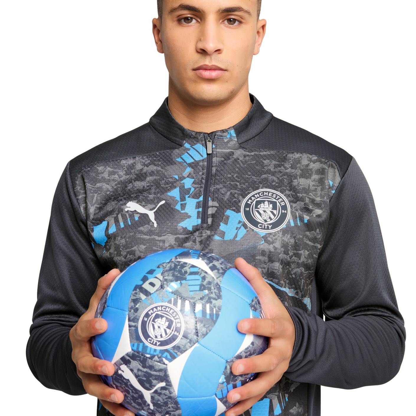PUMA Manchester City Pre-Match Trainingstrui 1/4-Zip 2024-2025 Donkergrijs Lichtblauw Wit