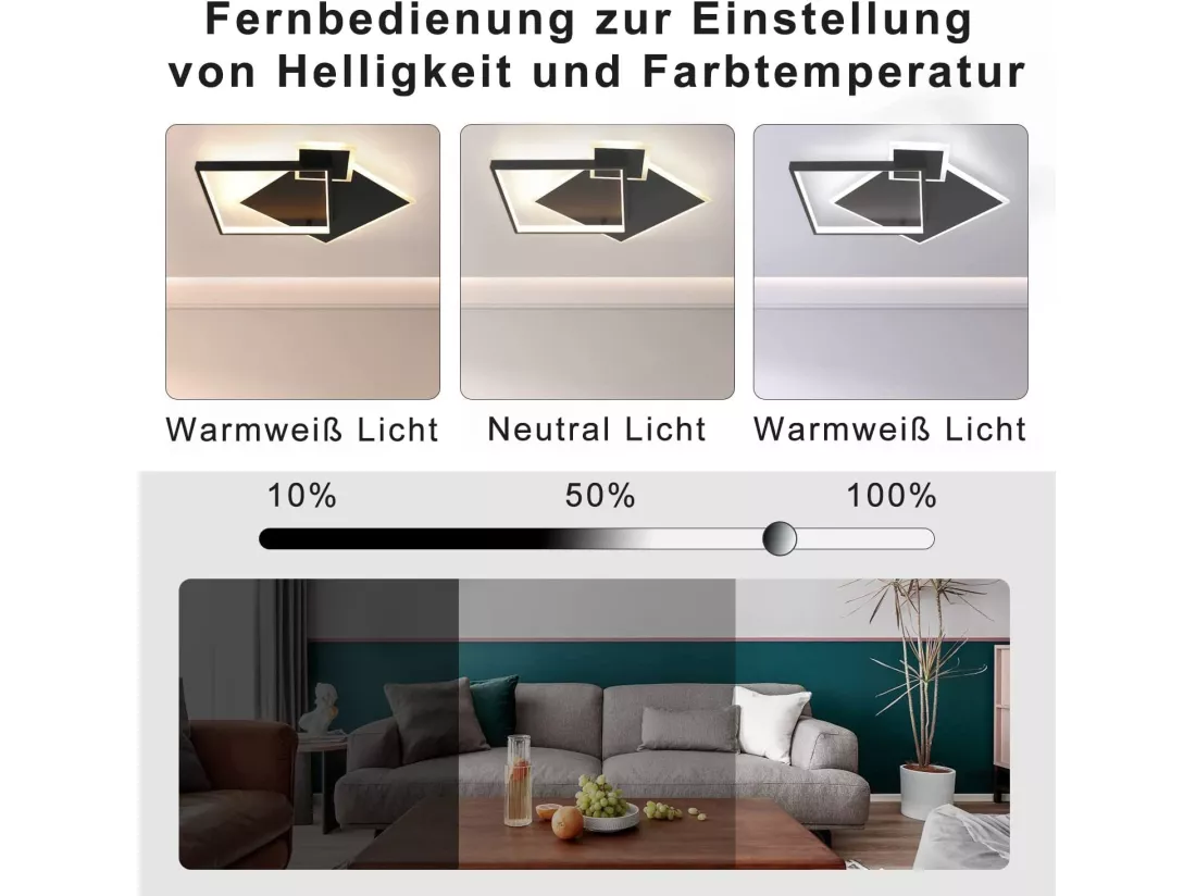 NETTLIFE Plafonnier LED Noir Intensité Variable 50 W Lampe de Salon Design Moderne avec Télécommande en Métal pour Salle à Manger Cuisine Chambre