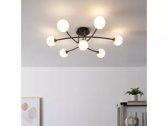 Plafonnier tendance métal noir et verre blanc - Estrela