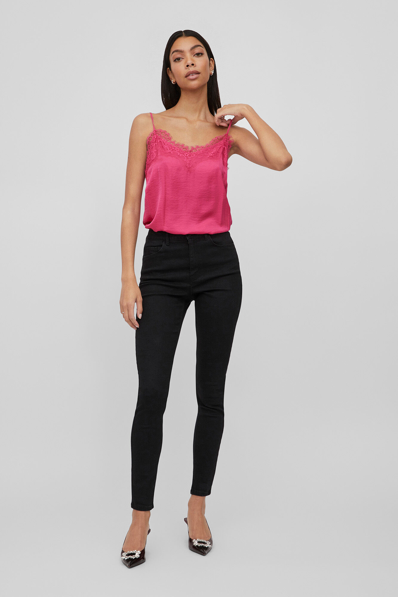 Top Vila de cetim com renda - Rosa