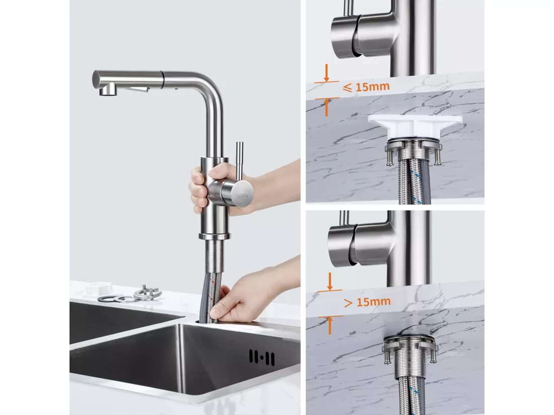Robinet de Cuisine 7-forme avec 2 Fonctions Douchette Extractible Mitigeur Cuisine en Acier Inox Rotatif à 360° avec Barboteur démotable,Brossé