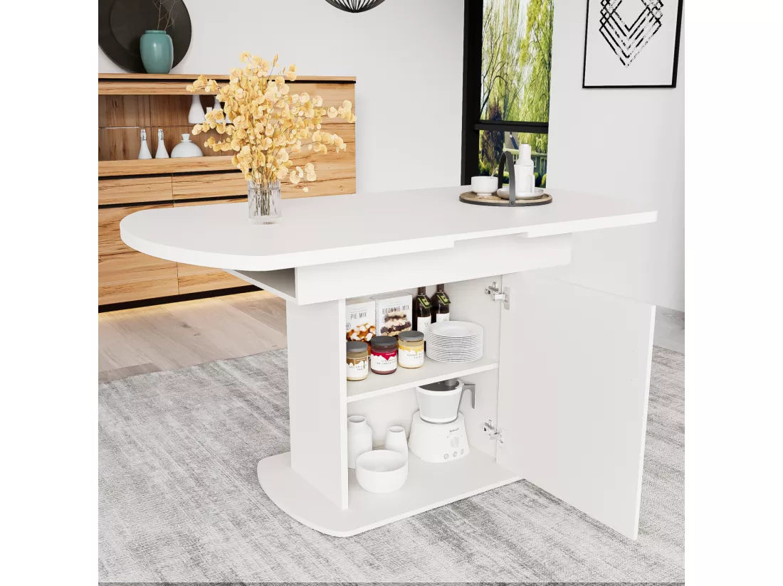 Table à manger ovale escamotable - avec espace de rangement et poignée dorée - Blanc