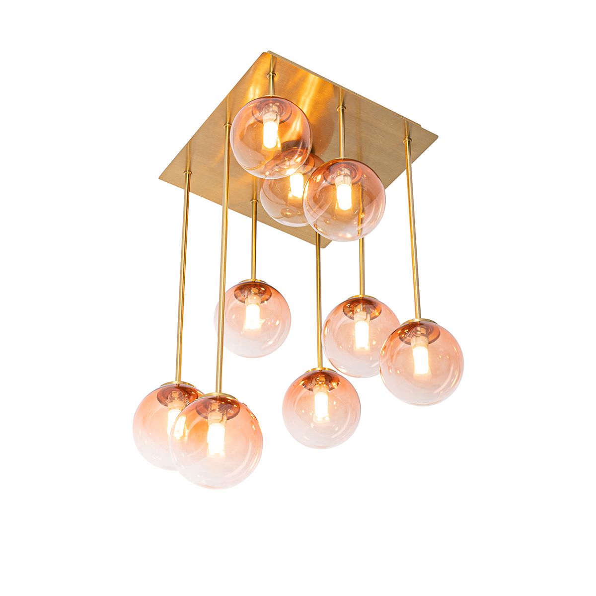 Art Deco plafondlamp goud met roze glas 9-lichts - Athens
