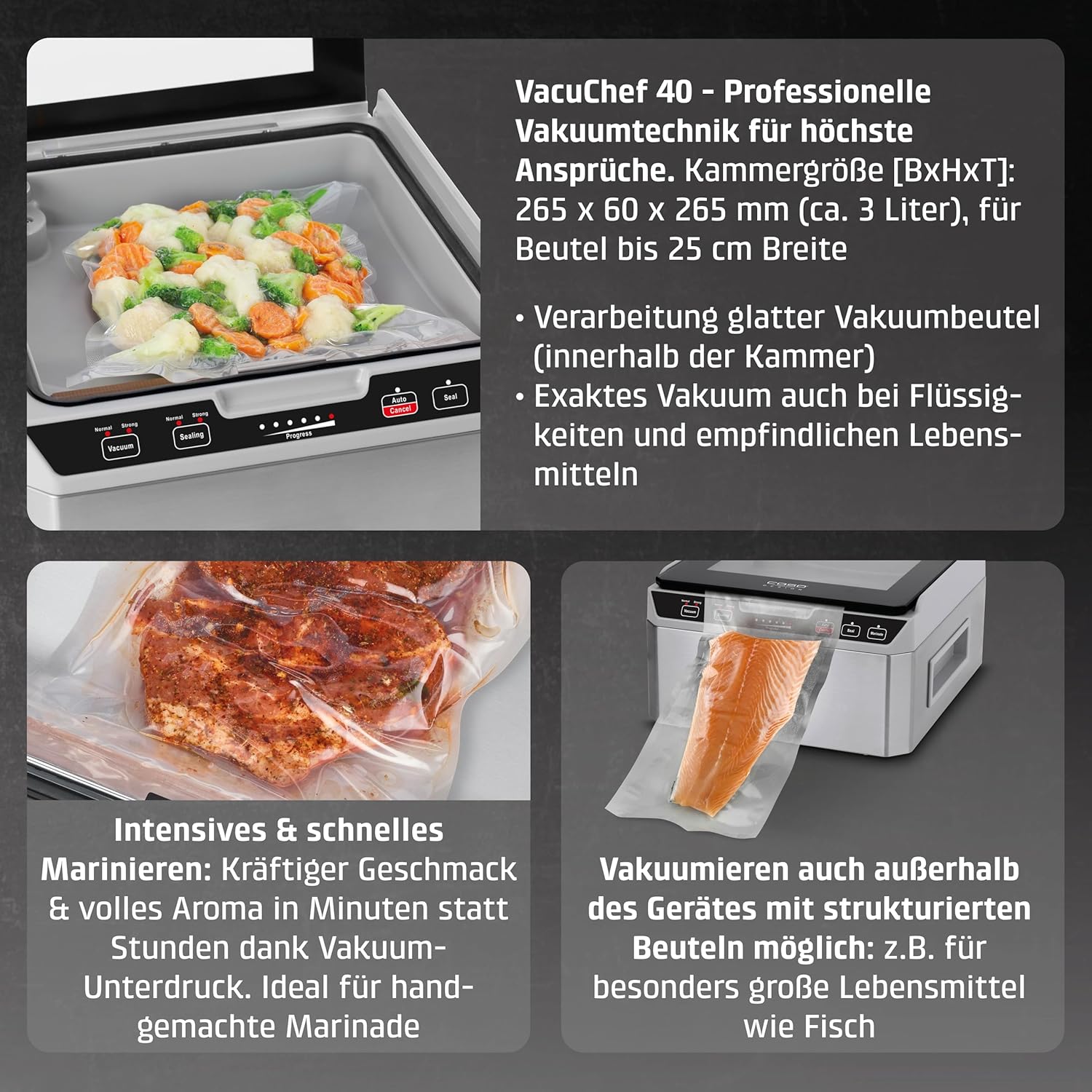 Caso VacuChef 40 - Kammervakuumierer aus Edelstahl, 3L Vakuumkammer 70 Liter/Minute, doppelte Schweißnaht, einstellbare Vakuum- und Schweißzeit, 1417
