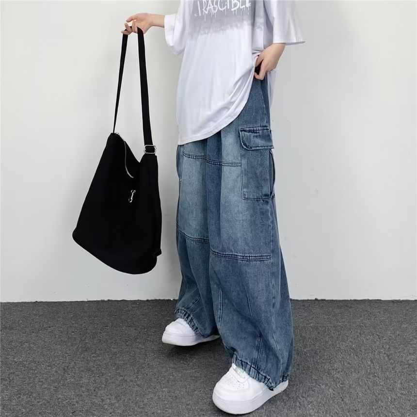 Lingaris - Mid Rise Washed Wide Leg Cargo Jeans