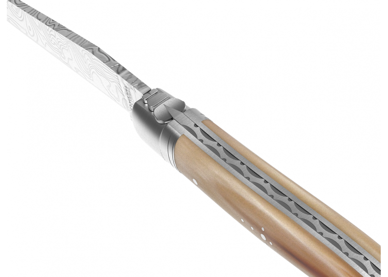 Couteau Laguiole collection damas avec un manche en pointe de corne blonde et 2 mitres en acier inoxydable