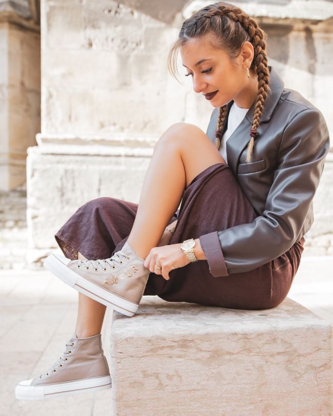 Basket femme montante en toile taupe - Lucile