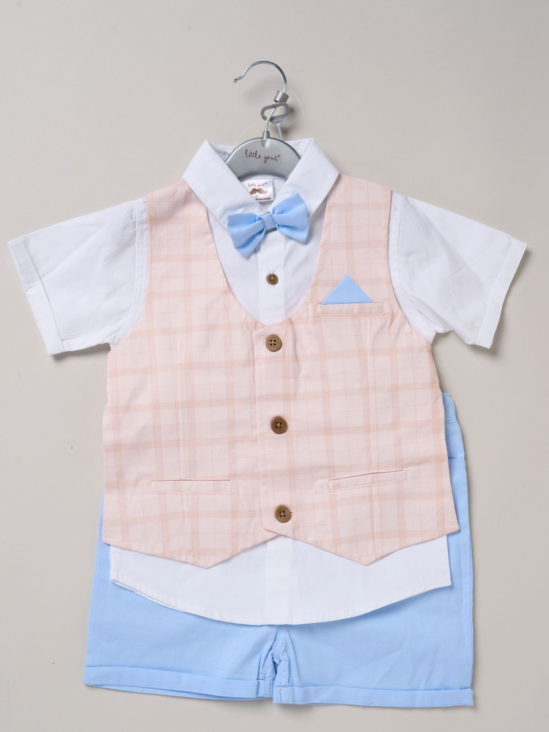 Blauw - Little Gent 100% Cotton Shirt with Mock Waistcoat Shorts and Bowtie Outfit Set